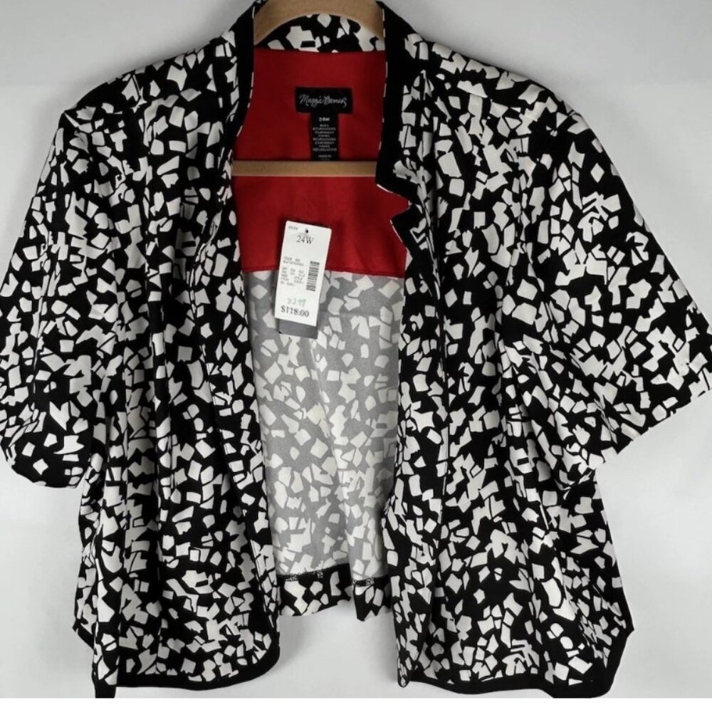 NWT Maggie Barnes Black White Cropped Jacket Shrug Blazer Plus 24W Open Front